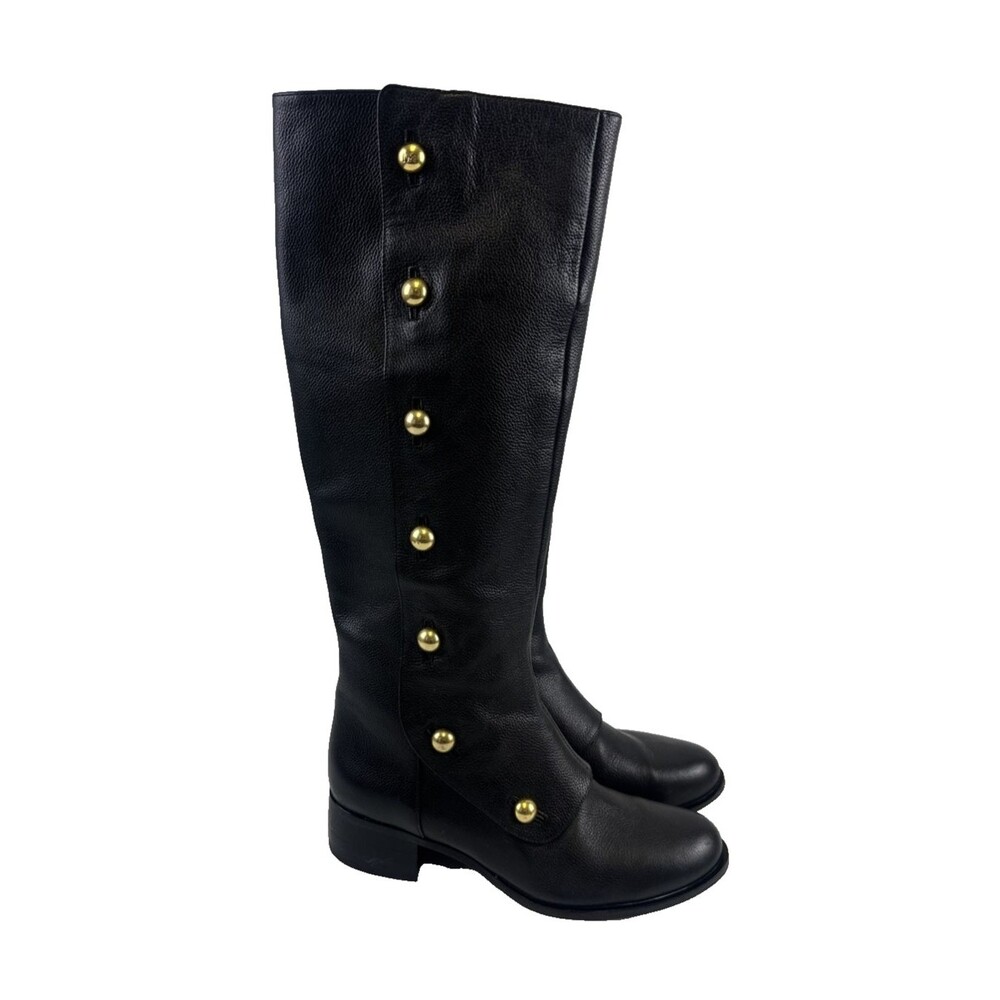 Michael Michael Kors Maisie Knee High Boot Black Leather Pebbled Gold Button 7.5
